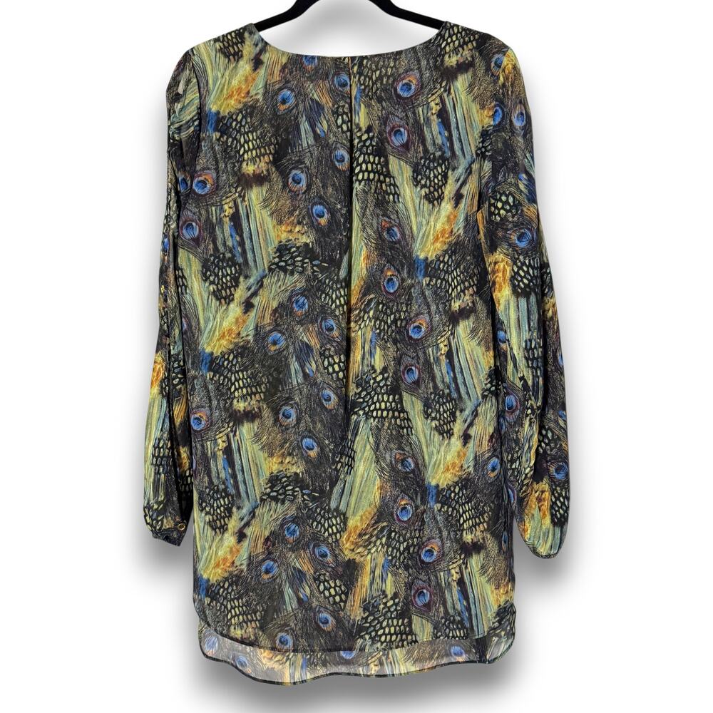 Zac and Rachel Women Medium Peacock Feather Print Sheer Layered Blouse Blue Gold - Picture 4 of 8